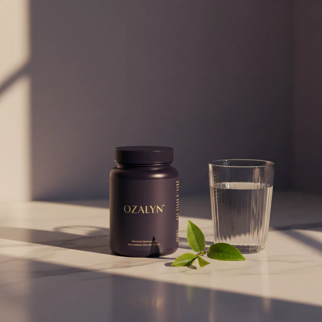 Ozalyn supplement pot naast glas water - dagelijkse routine aanvulling voeding